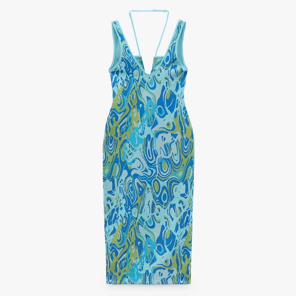Zara Light Blue Print Cut out Jacquard Midi Size M - Picture 5 of 14